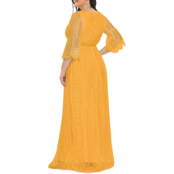 Womens Boho Maxi Floral Lace Boho Party Dress V Neck Flowy Long‎ Yellow Size 20 - Picture 3 of 16